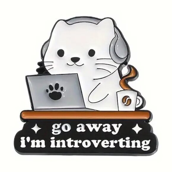 Go Away I'm Introverting Cat Laptop Coffee Headphones Funny Enamel Pin Introvert - Picture 1 of 4